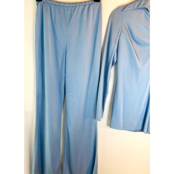 Vintage Manning Silver Light Blue Bell Bottom Pantsuit 70s Disco Set Y2K Revival - Picture 3 of 9